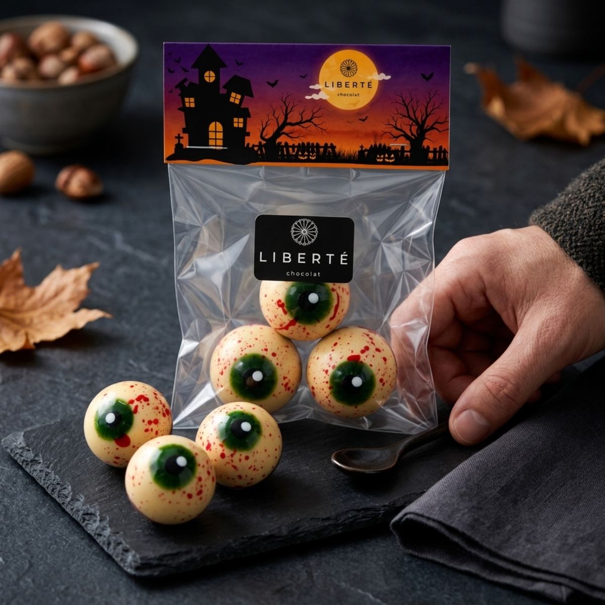 Pack 10 Bolsitas Bombones Chocolate Ojos Zombie Halloween – 30 Unidades